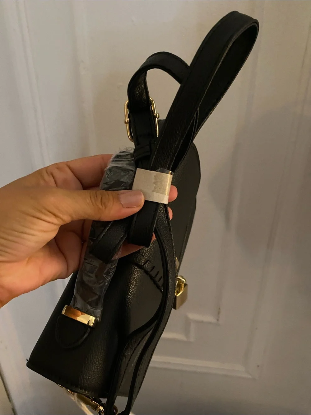 Women's Black Leather Top-Handle Crossbody Bag with Gold Padlock